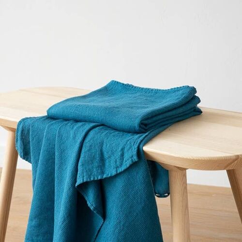 Linen Bath Towel Sea Blue Washed Waffle 