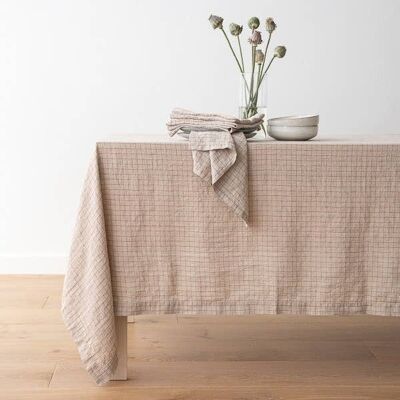 Linen Tablecloth Natural Brick Check Washed