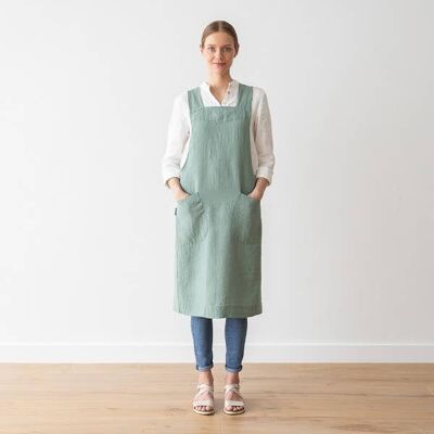 Linen Back Cross Apron Spa Green Stone Washed