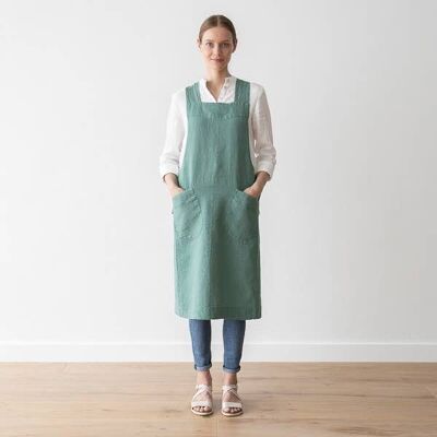 Linen Back Cross Apron Moss Green Stone Washed