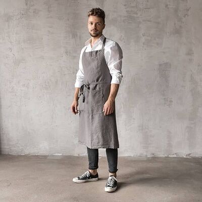 Linen Mens Bib Apron Steel Grey Stone Washed