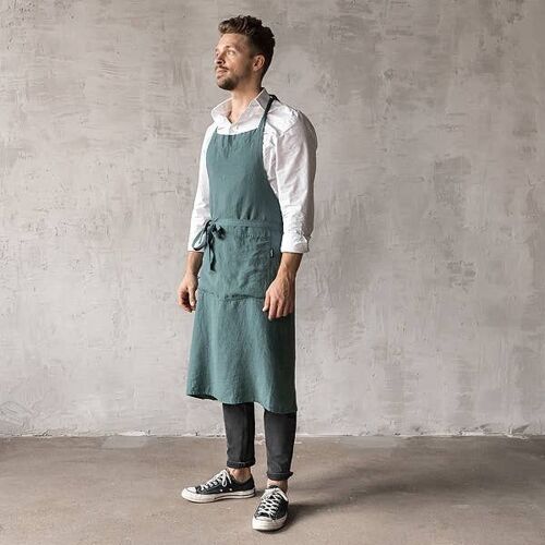 Linen Mens Bib Apron Balsam Green Stone Washed