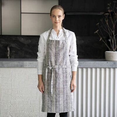 Linen Bib Apron Black Natural Multistripe