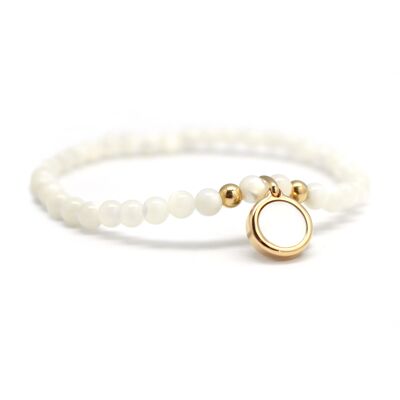 Pulsera medallón redondo de nácar blanco chapado en oro - grabado CORAZÓN