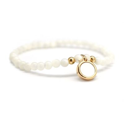 Gold-plated white mother-of-pearl round medallion bead bracelet - HEART engraving