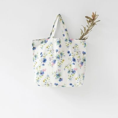 Grand sac en lin fleurs blanches