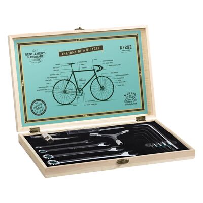 Kit de herramientas para bicicletas en caja de madera