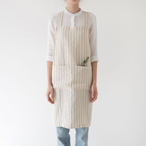 Natural White Stripes Linen Crossback Apron