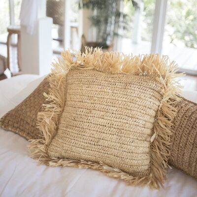 Decorative cushion made of raffia with filling | Throw Pillow with Fringes | Sofa cushion GANDI made of raffia (2 sizes)