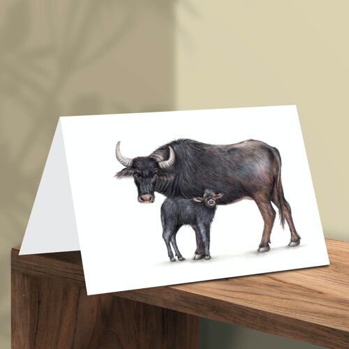 Water Buffalo Greeting Card, Animal Cards, Funny Birthday Card, Blank Card, Just Like Card, Farm Animal Card, 16.5 x 11.5 cm, Buffalo with Calf