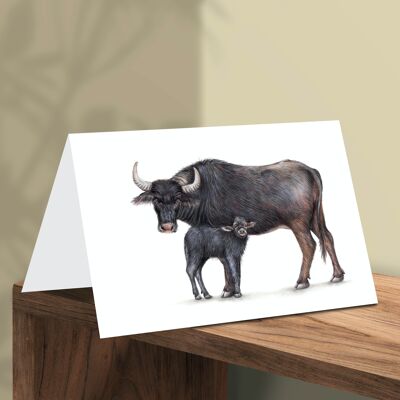 Tarjeta de felicitación de búfalo de agua, tarjetas de animales, tarjeta de cumpleaños divertida, tarjeta en blanco, tarjeta igual, tarjeta de animales de granja, 16.5x11.5 cm, Búfalo con Becerro