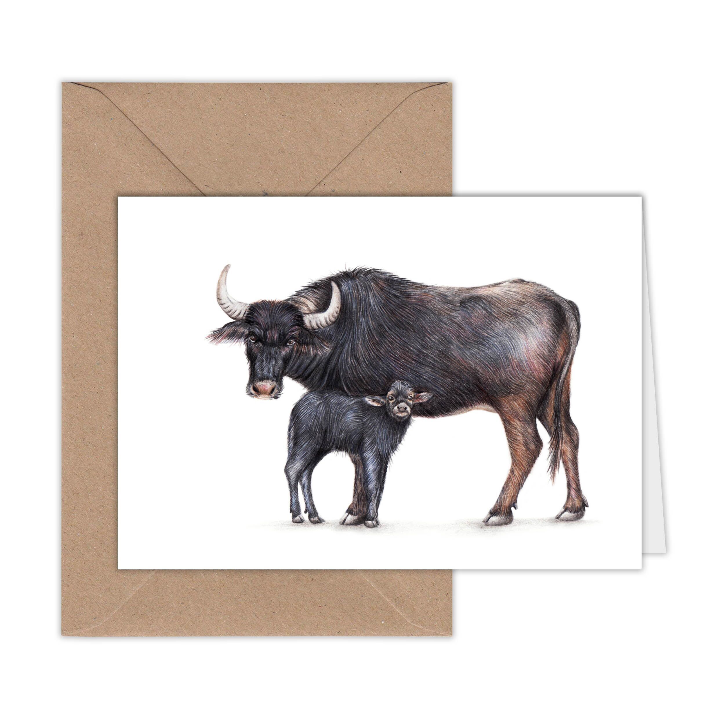 Biglietto d'auguri per bufalo d'acqua, biglietto per animali, biglietto di compleanno divertente, biglietto vuoto, biglietto proprio come, biglietto per animali da fattoria, 16.5x11.5 cm, Bufalo con vitello