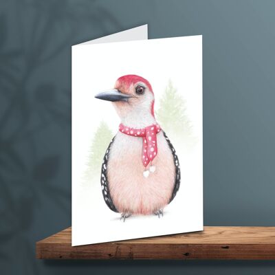 Christmas Card Bird with Scarf, Animal Cards, Funny Greeting Card, Blank Card, Holiday Card, Cute Christmas Cards, 12.3x17.5 cm, Woodpecker