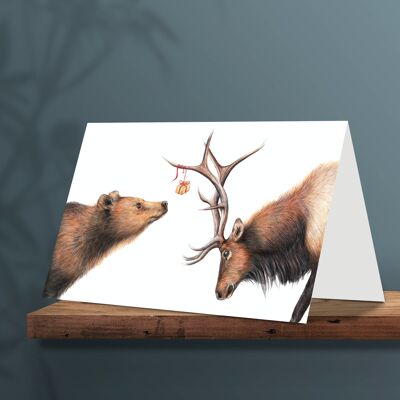Birthday Card Deer and Bear, Animal Cards, Funny Greeting Card, Blank Card, Party Card, 12.3 x 17.5 cm, Christmas Card