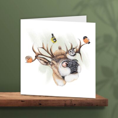 Carte de vœux cerf et oiseaux, cartes d'animaux, carte d'anniversaire amusante, carte vierge, comme une carte, 13 x 13 cm, Oh My Deer !