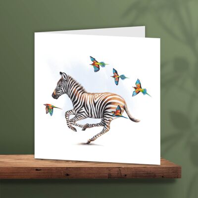 Grußkarte Zebra und Vögel, Tierkarten, lustige Geburtstagskarte, Blankokarte, Babypartykarte, 13 x 13 cm, Fly Like The Wind