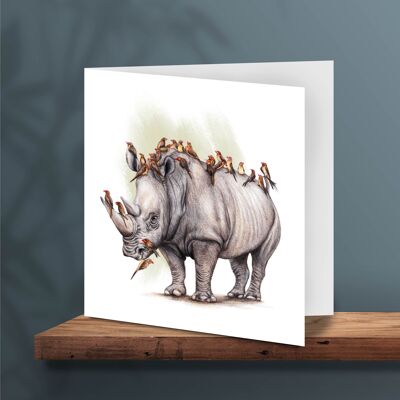 Nashorn und Vögel Grußkarte, Tierkarten, lustige Geburtstagskarte, Blankokarte, genau wie diese Karte, 13 x 13 cm, The Rhino's Guard