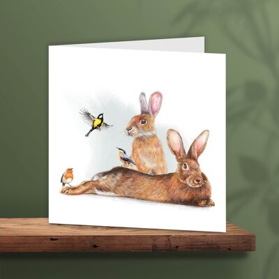 Grußkarte Hasen und Vögel, Tierkarten, lustige Geburtstagskarte, Blankokarte, Osterkarte, 13 x 13 cm, Frühlingskarten, Babykarte