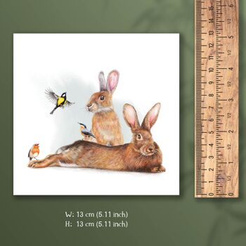 Carte de vœux lapins et oiseaux, cartes d'animaux, carte d'anniversaire amusante, carte vierge, carte de Pâques, 13 x 13 cm, cartes de printemps, carte de bébé 3