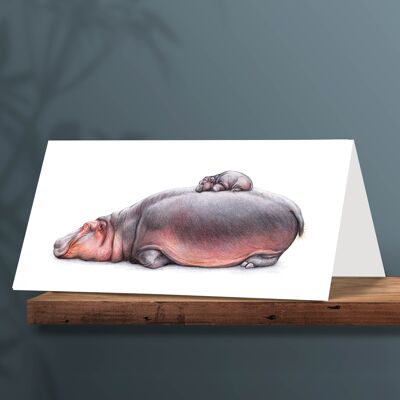Greeting Card Hippo and Baby, Animal Cards, Funny Birthday Card, Blank Card, Baby Shower Card, 21 x 10 cm, Happy Hippo Day!
