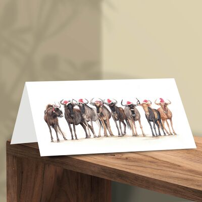Carte de Noël Gnous, Cartes d'animaux, Carte de vœux drôle, Carte vierge, Carte de gnous, Carte de vacances mignonne, 21 x 10 cm, Bonne année Gnu !