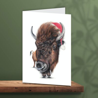 Carte de Noël Bison, Cartes d'animaux, Carte de vœux drôle, Carte vierge, Carte de vacances, Cartes de Noël mignonnes, 12,3 x 17,5 cm