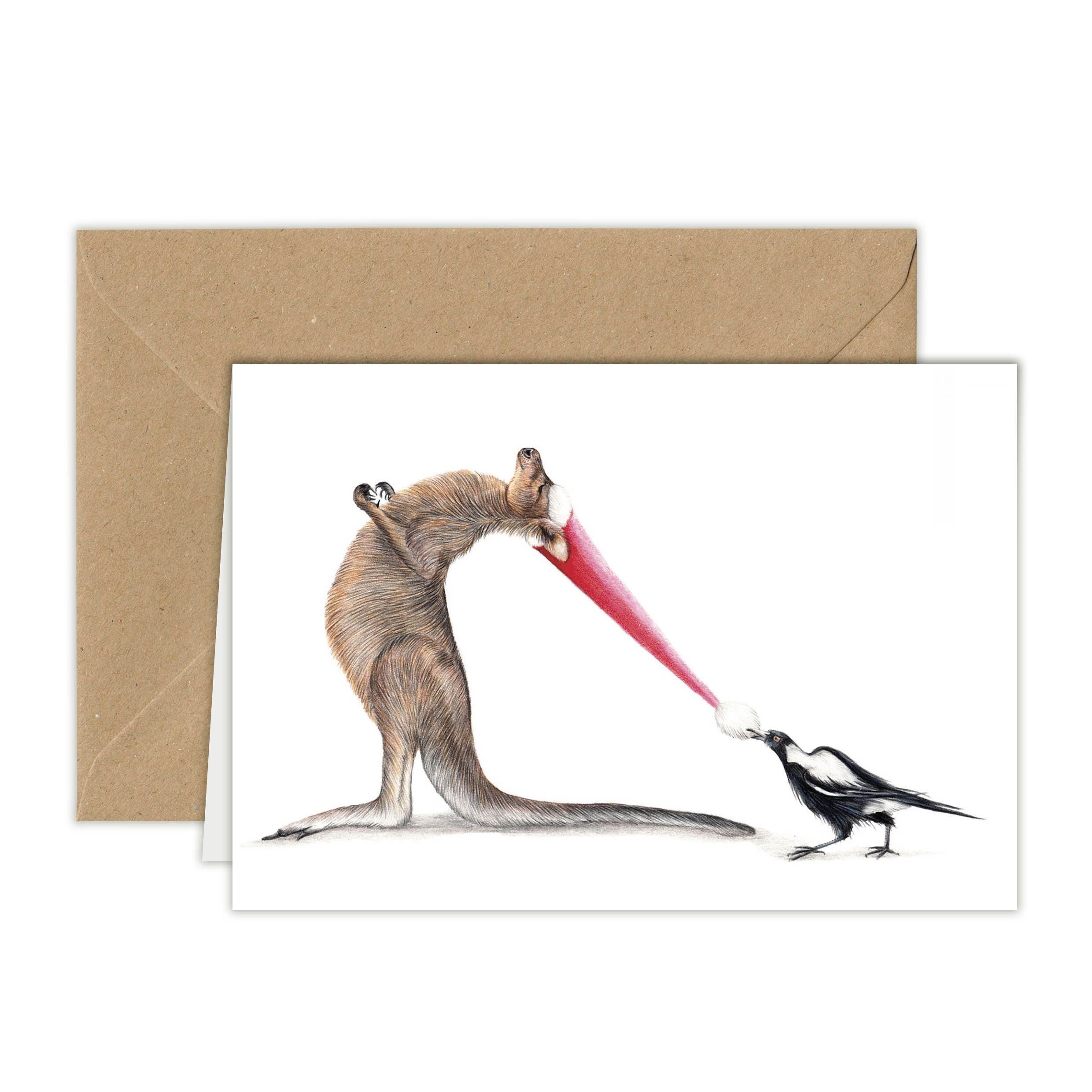 Tarjeta de Navidad Canguro y pájaro, Tarjetas de animales, Tarjeta de felicitación divertida, Tarjeta en blanco, Tarjeta navideña, Lindas tarjetas de Navidad, 12,3 x 17,5 cm, Mía.