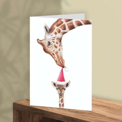 Weihnachtskarte Giraffe, Tierkarten, lustige Grußkarte, Blankokarte, Weihnachtskarte, süße Weihnachtskarten, 12,3 x 17,5 cm, Vergessen Sie Ihren Hut nicht