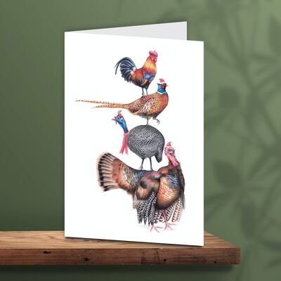 Christmas Card Chickens, Guinea Fowl Animal Cards, Funny Greeting Card, Blank Card, Holiday Card, Cute Christmas Cards, 12.3x17.5 cm, Poul-Tree