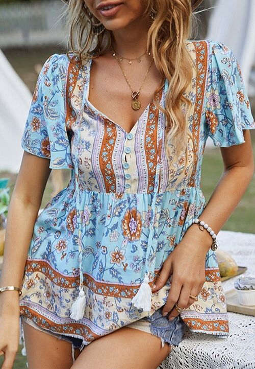 Tie V Neck Peplum Boho Blouse-Blue