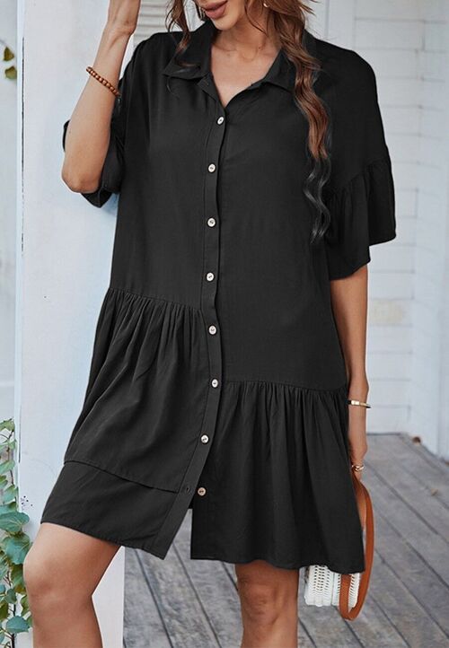 Button Down Asymmetrical Ruffle Dress-Black