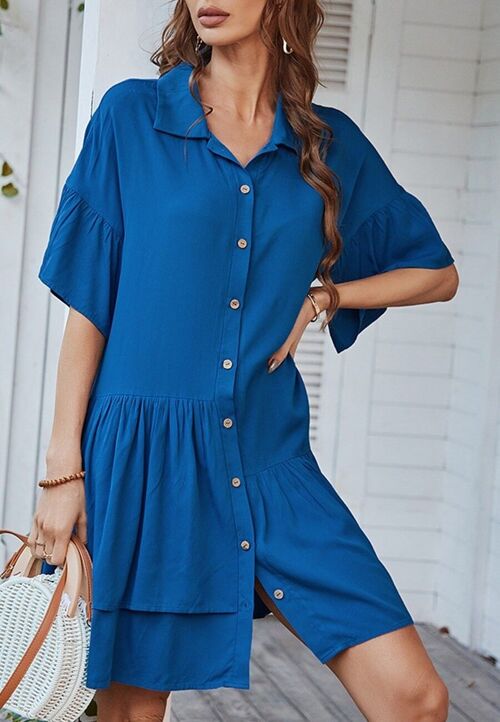 Button Down Asymmetrical Ruffle Dress-Blue
