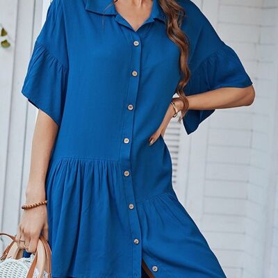 Button Down Asymmetrical Ruffle Dress-Blue