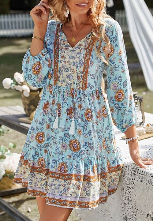 Tassel Tie Floral Boho Dress-Blue