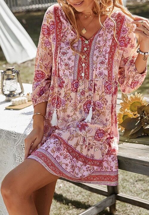 Tassel Tie Floral Boho Dress-Pink