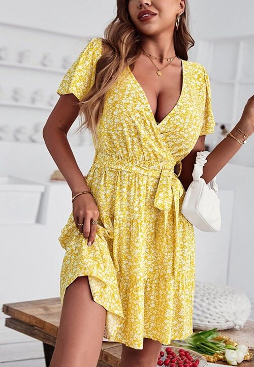 Ditsy Floral Flutter Sleeve Dress-Yellow