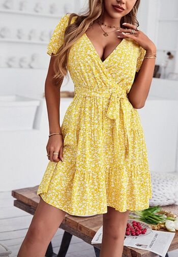 Robe à petites fleurs et manches flottantes-Jaune 4