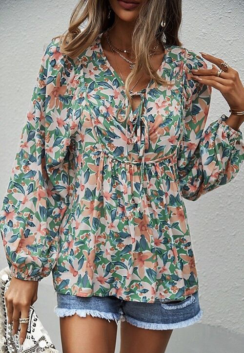 Double Tie Front Floral Blouse-Green