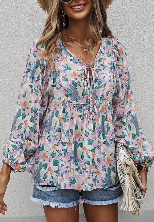 Double Tie Front Floral Blouse-Pink