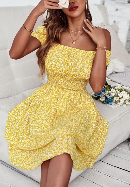 Off Shoulder Floral Summer Dress-Yellow