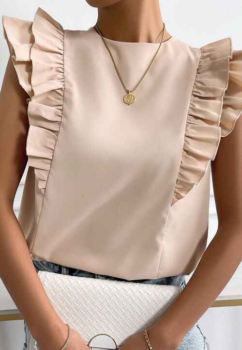 Ruffle Detail Tie Back Blouse-Beige