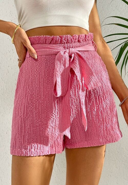 Textured Paperbag Waist Shorts-Pink