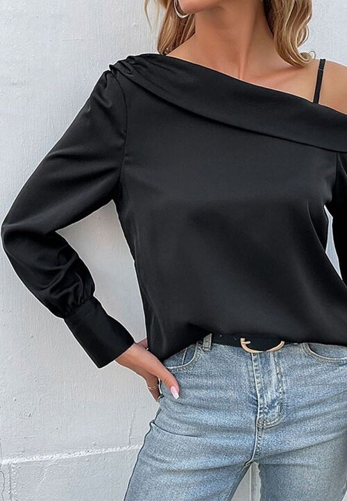 One Shoulder Foldover Blouse-Black