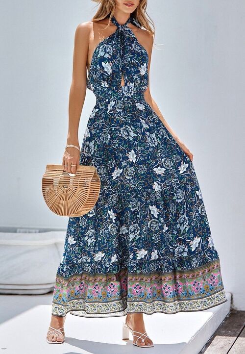 Halter Neck Floral Summer Dress-Blue