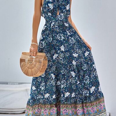 Halter Neck Floral Summer Dress-Blue