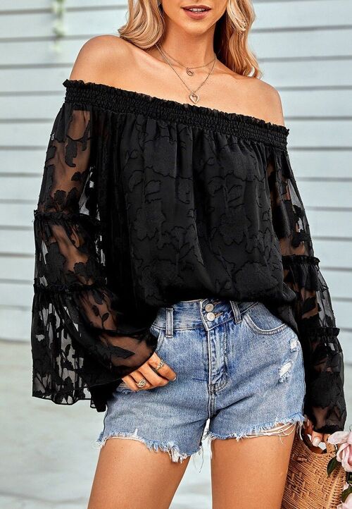 Flared Long Sleeve Patterned Top-Black
