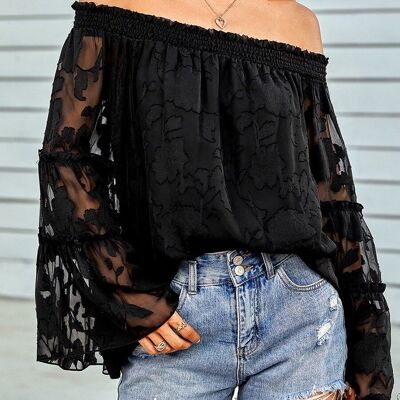 Flared Long Sleeve Patterned Top-Black