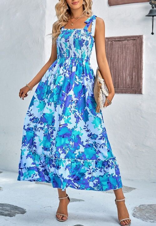 Tie Shoulder Floral Summer Dress-Blue