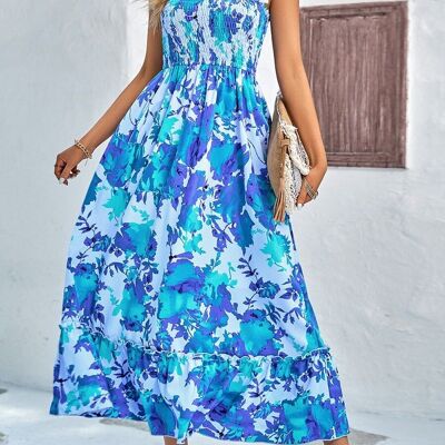 Vestido de verano floral con lazo en los hombros-Azul