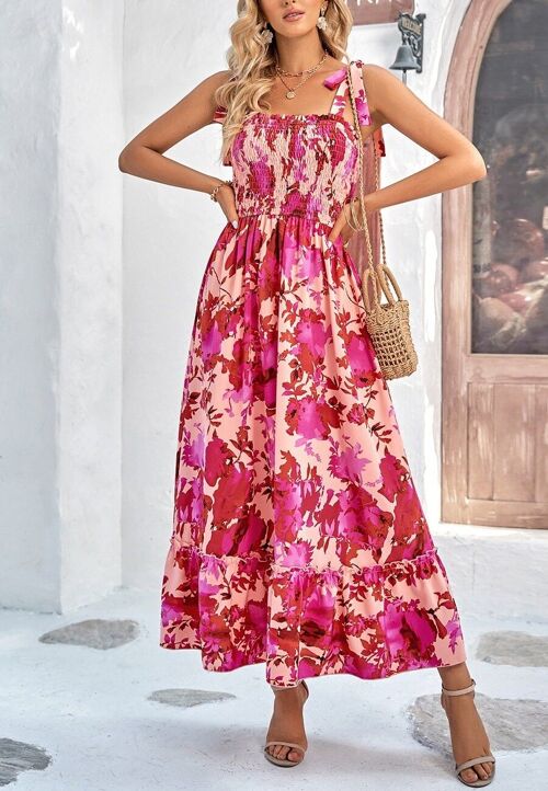 Tie Shoulder Floral Summer Dress-Pink